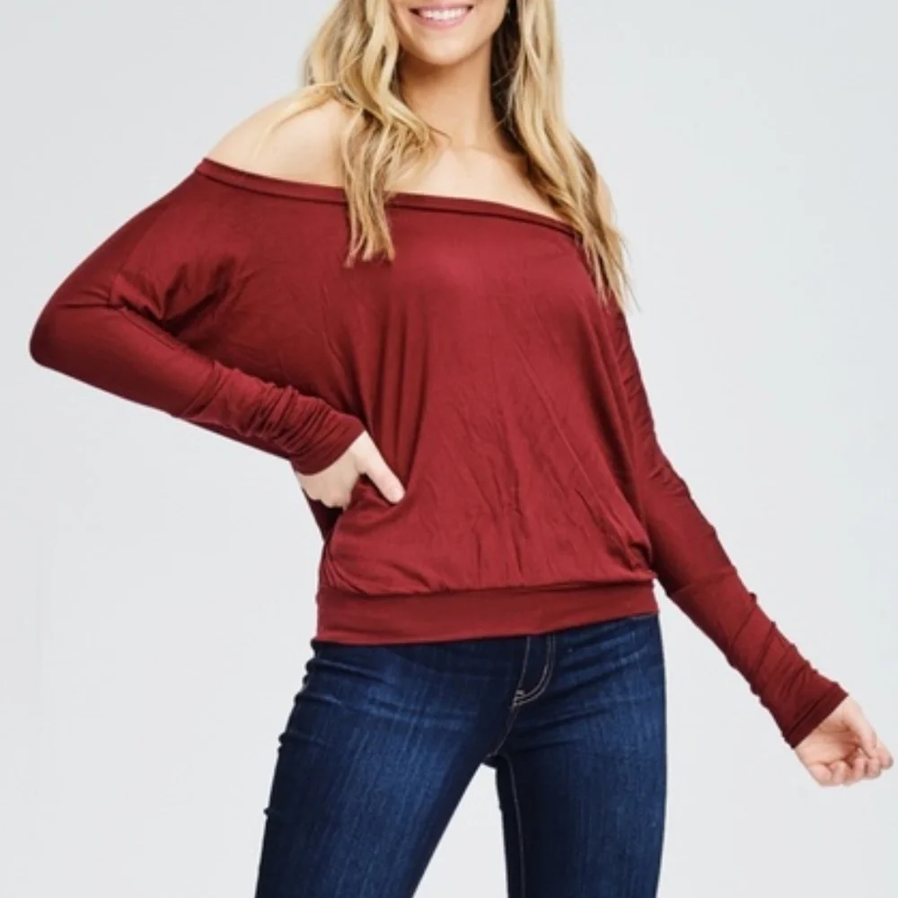 Wine Red Off Shoulder Boat Neck Long Sleeve Top - Picture 1 of 4